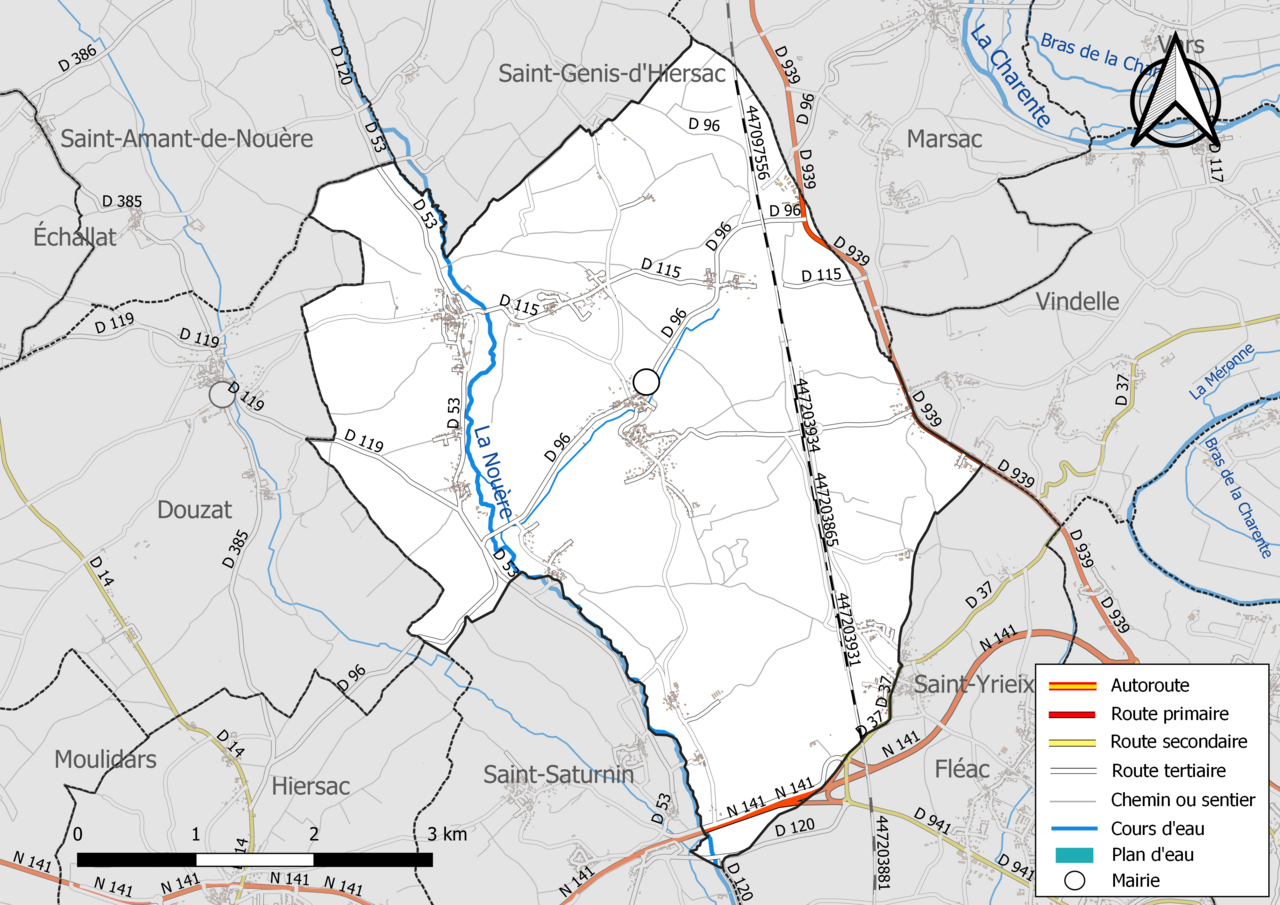 Réseaux hydrographique et routier d'Asnières-sur-Nouère.